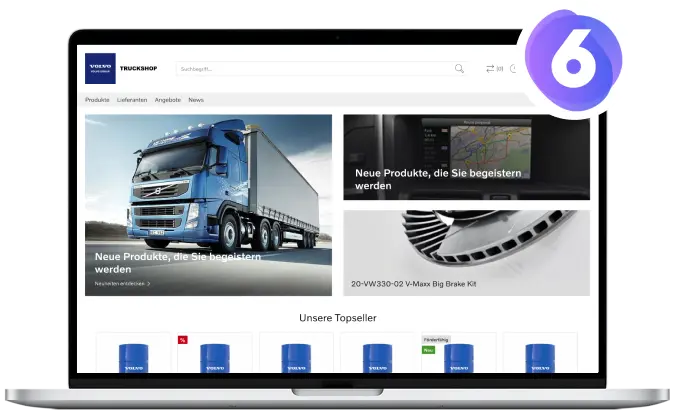 Mockup des Volvo Truckshop Online-Shops in einem Laptop mit Shopware 6 Logo