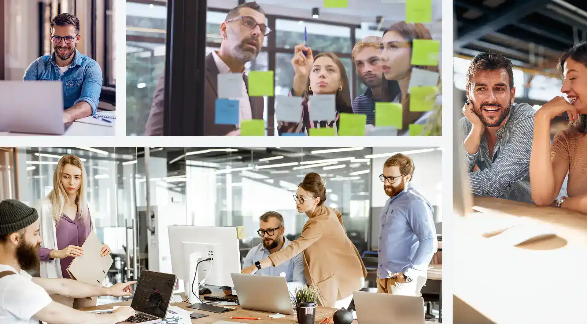 Eine Collage aus mehreren Bildern. Man sieht viele Mitarbeiter, die zusammen am Laptop und an Tafeln arbeiten. Sie arbeiten in modernen, gut belichteten Büroräumen.