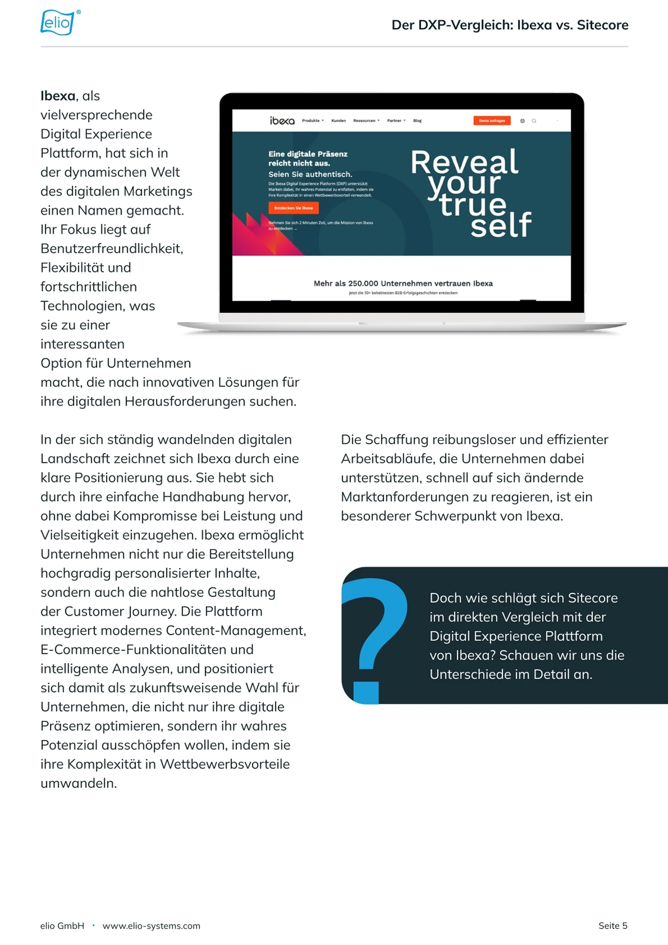 Seite aus dem elio-Whitepaper ‚Ibexa vs. Sitecore'