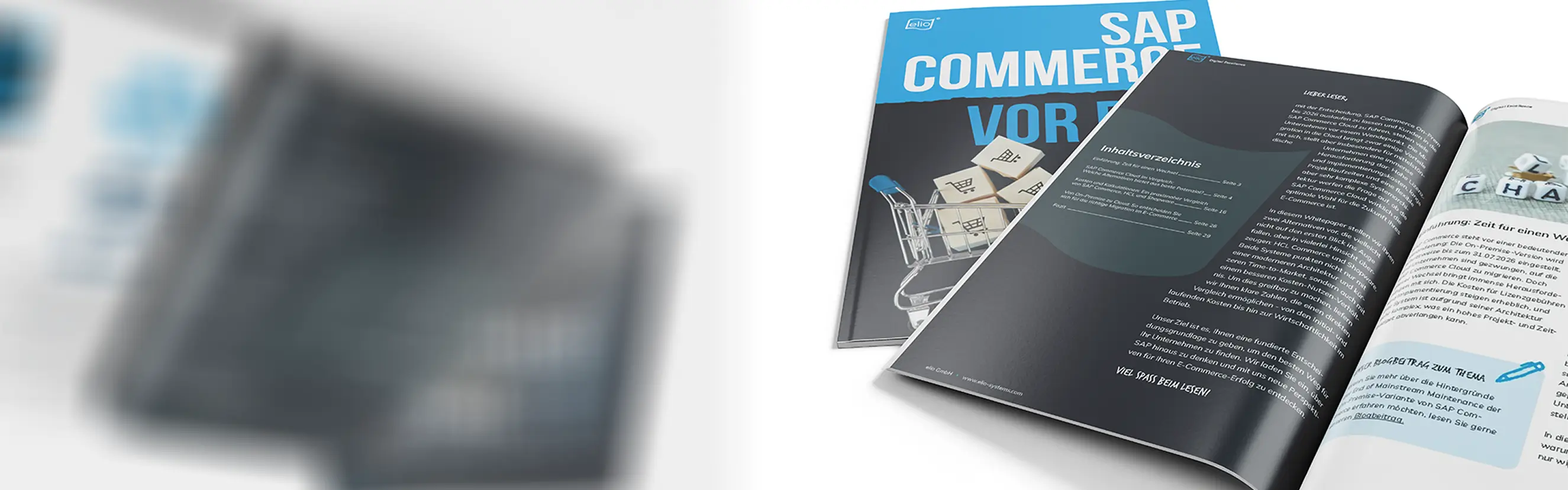 Mockup des elio Whitepapers „SAP Commerce vor dem Aus"