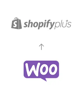 Migration von WooCommerce zu Shopify Plus, dargestellt durch einen Pfeil vom WooCommerce-Logo zum Shopify Plus-Logo