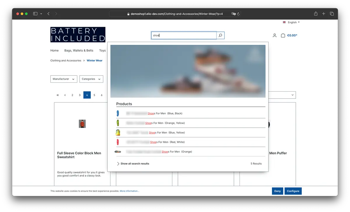 Zu sehen ist ein BatteryIncluded-Demoshop, indem ein User eine Anfrage „shoe“ in die Suchmaske des Shops eingibt