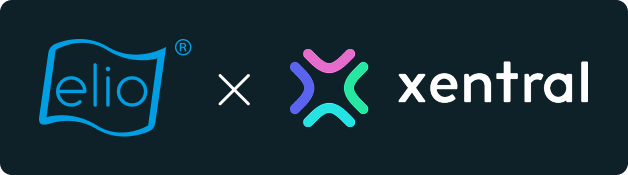 Logos der Unternehmen elio und Xentral nebeneinander (symbolisiert Partnerschaft)