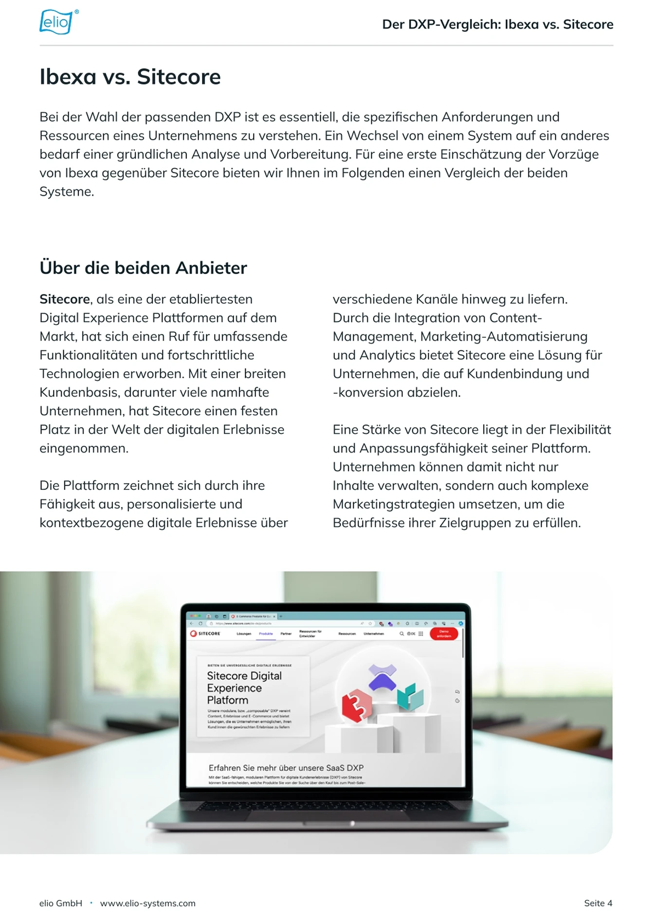 Seite aus dem elio-Whitepaper ‚Ibexa vs. Sitecore'