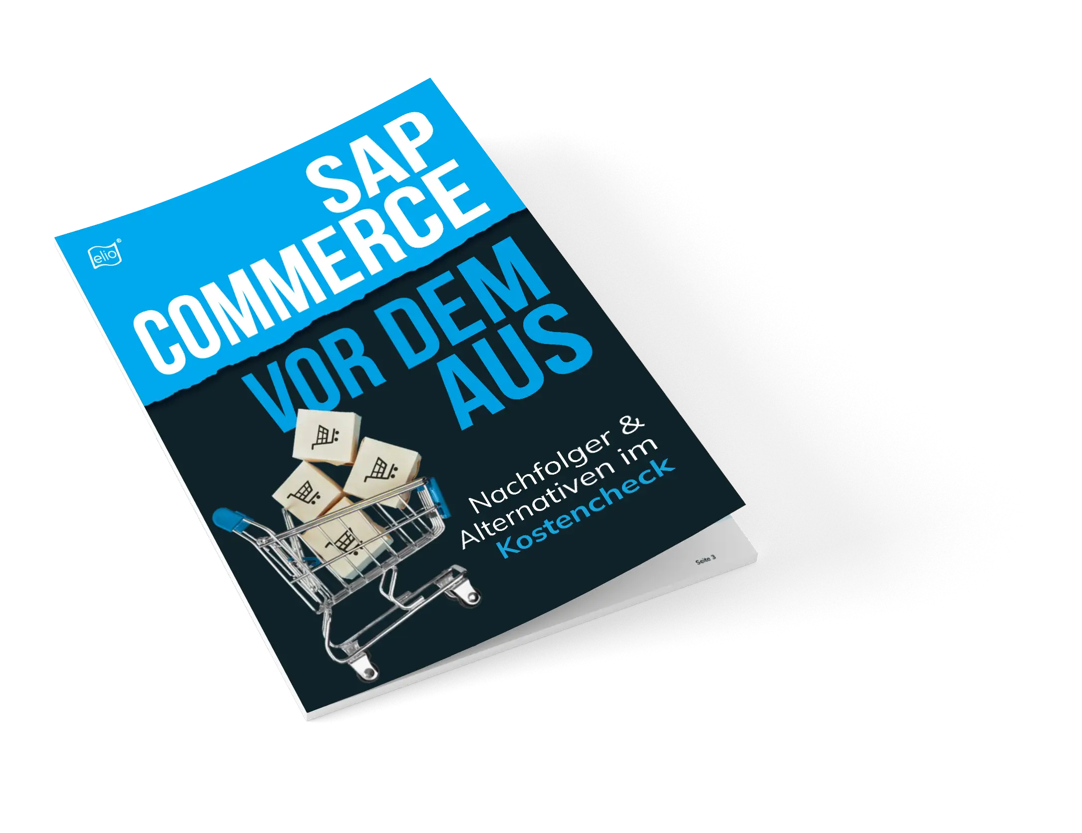 Mockup des elio Whitepapers „SAP Commerce vor dem Aus"