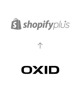 Migration von OXID eShop zu Shopify Plus, dargestellt durch einen Pfeil vom OXID-Logo zum Shopify Plus-Logo