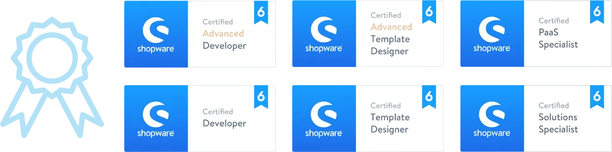 Shopware 6 Zertifikate: Advanced Developer, Advanced Template Designer, PaaS Specialist, Developer, Template Designer und Solutions Specialist – symbolisiert durch ein Zertifikat-Icon.