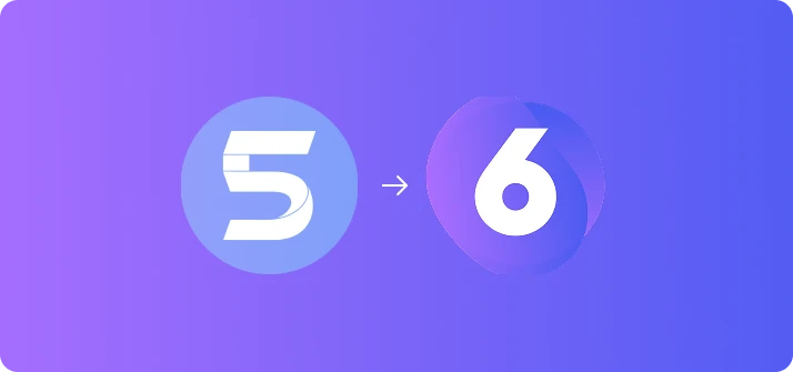 Grafische Darstellung der Migration von Shopware 5 zu Shopware 6 mit stilisierten Logos auf violettem Farbverlauf