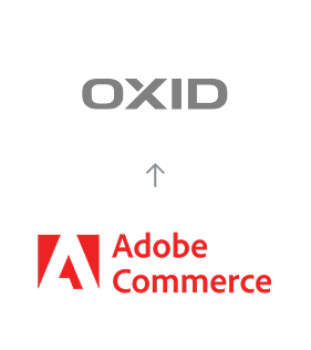 Migration von Adobe Commerce zu OXID eShop, dargestellt mit einem Pfeil vom Adobe Commerce Logo zum OXID eShop Logo
