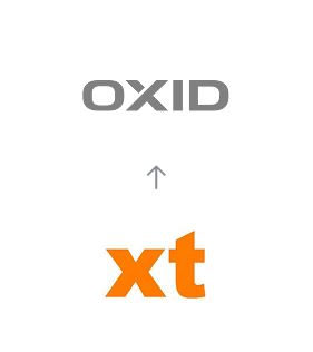 Migration von xt:Commerce zu OXID eShop, dargestellt durch einen Pfeil vom xt:Commerce-Logo zum OXID eShop-Logo