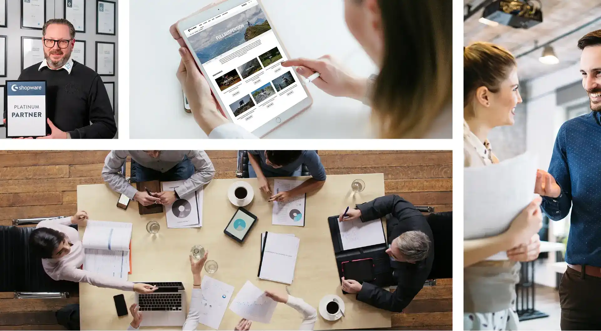 Collage verschiedener Business-Situationen, die das Können von elio unterstreichen sollen.