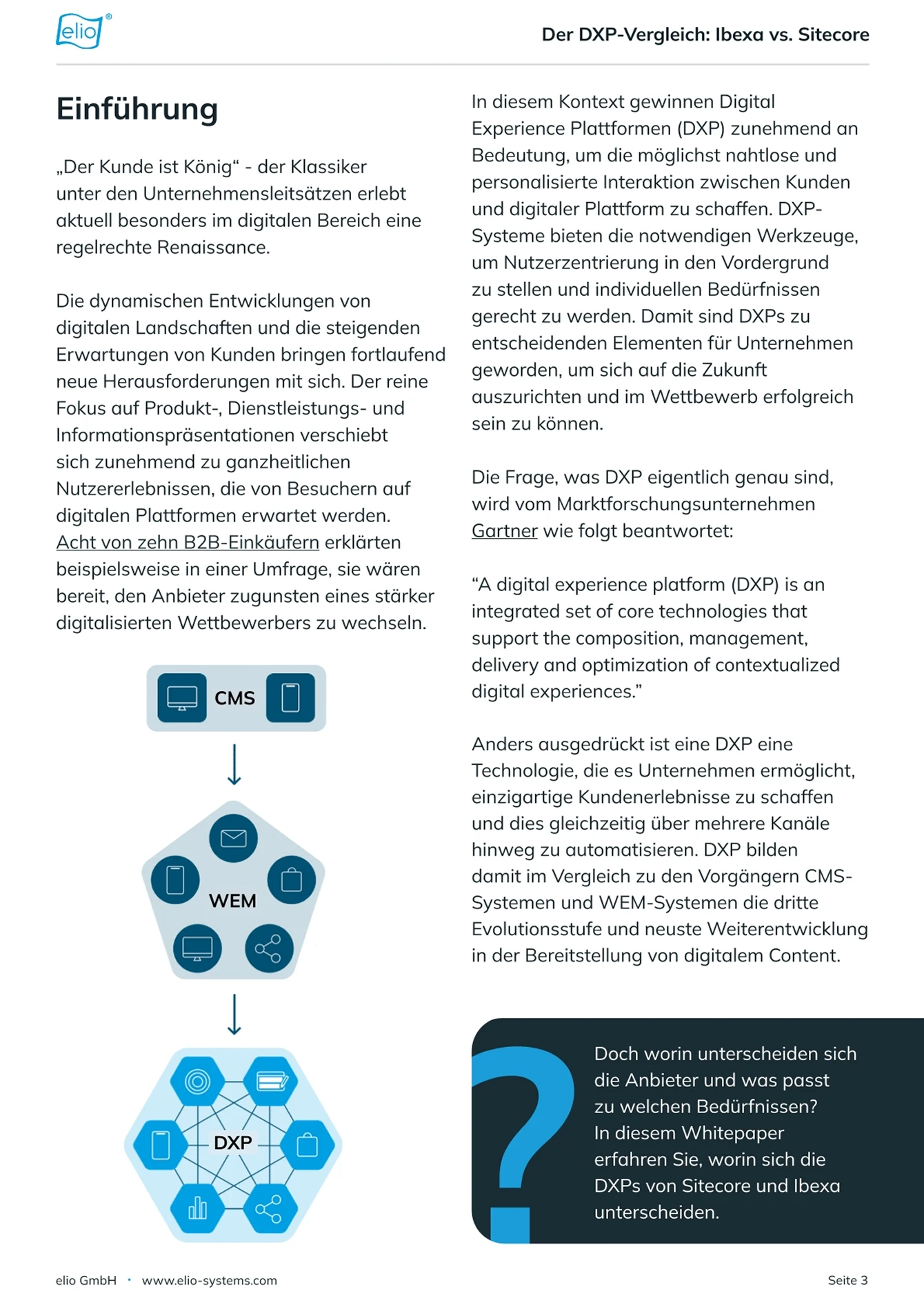 Seite aus dem elio-Whitepaper ‚Ibexa vs. Sitecore'