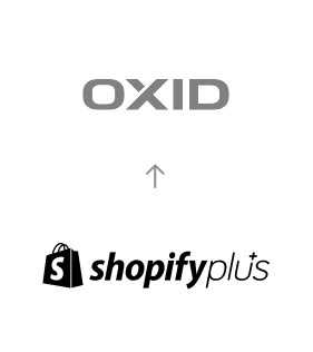 Migration von Shopify Plus zu OXID eShop, dargestellt mit einem Pfeil vom Shopify Plus Logo zum OXID eShop Logo