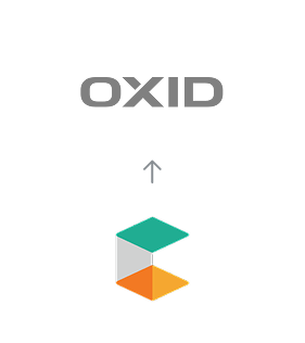 Migration von commercetools zu OXID eShop dargestellt mit einem Pfeil vom alten Systemlogo zum OXID eShop Logo