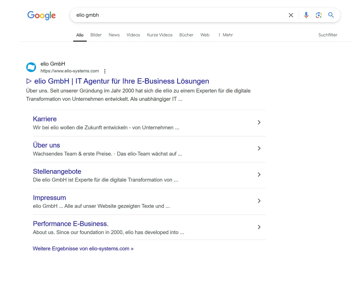 Screenshot einer SERP bei Suchanfrage elio GmbH