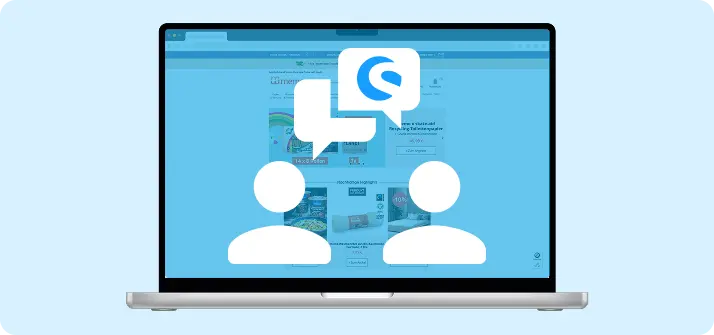 Laptop mit zwei stilisierten Personen-Icons und Sprechblasen, eine davon mit Shopware-Logo – Symbol für digitalen Austausch oder Beratung zu Shopware