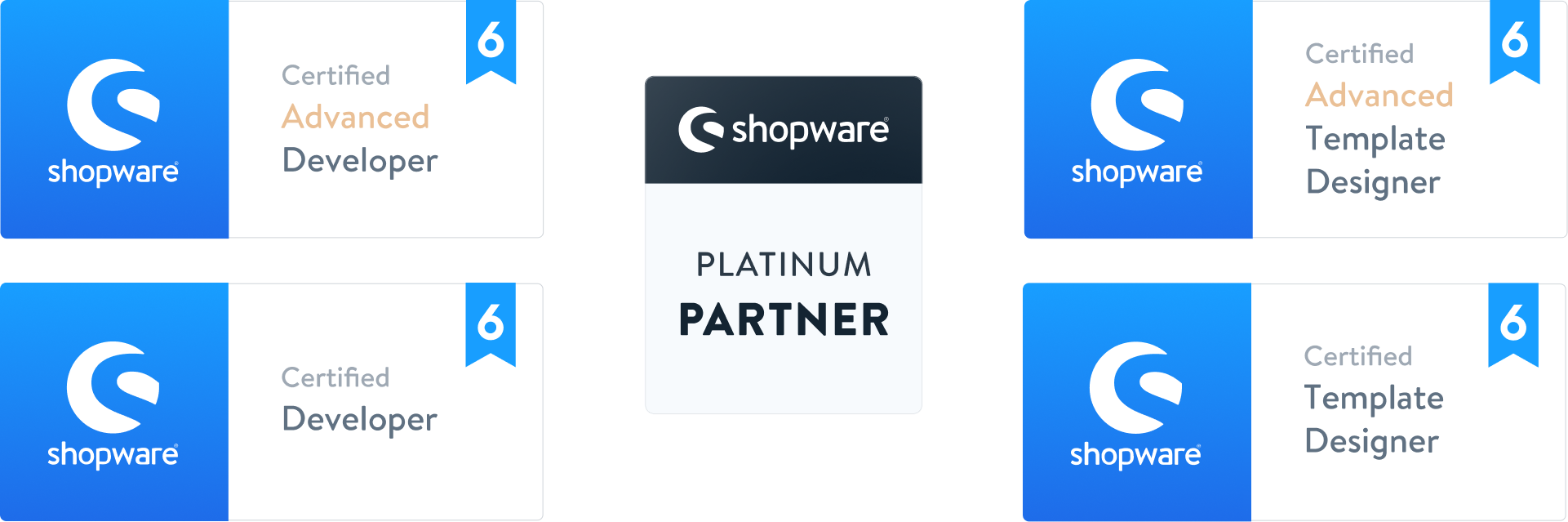 Shopware 6 Zertifikate für Advanced Developer, Advanced Template Designer, Developer und Template Designer sowie ein Shopware Platinum Partner Abzeichen.