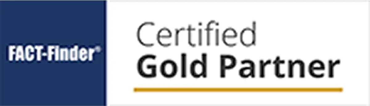 FACT-Finder Logo mit der Auszeichnung ‚Certified Gold Partner‘.