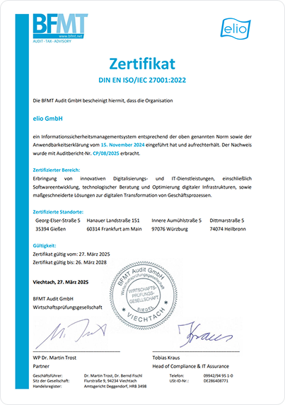 Screenshot der ISO 27001 Zertifizierung.