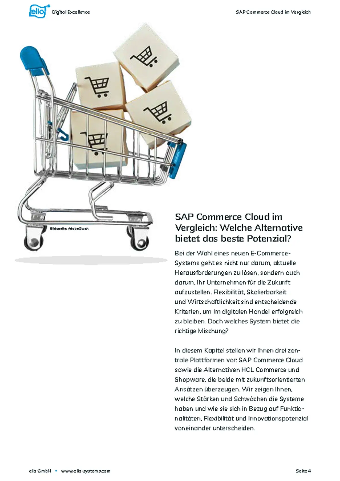 Seite aus dem elio-Whitepaper ‚SAP Commerce vor dem Aus‘ mit Inhaltsverzeichnis und Einleitung.