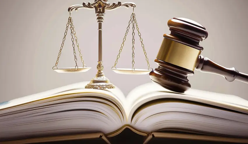 Zu sehen ist ein Gesetzbuch auf dem ein Gerichtshammer und eine Waage stehen