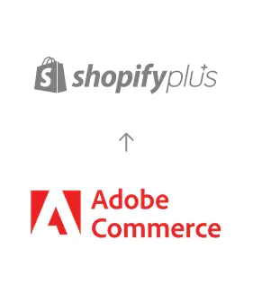 Migration von Adobe Commerce zu Shopify+, dargestellt mit einem Pfeil vom Adobe Commerce Logo zum Shopify+ Logo
