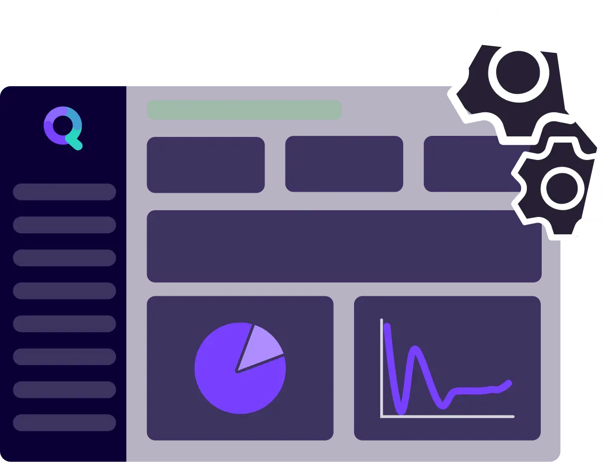 Skizziertes synQup-Dashboard mit Diagrammen und zwei Zahnrädern 