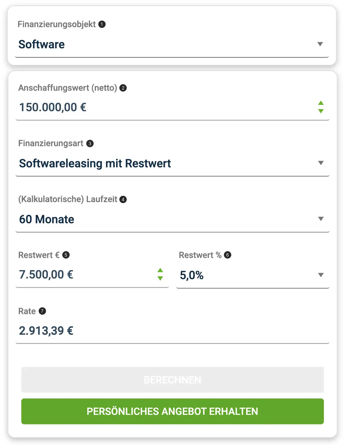 Screenshot einer Beispielkalkulation des MMV Leasing Rechners