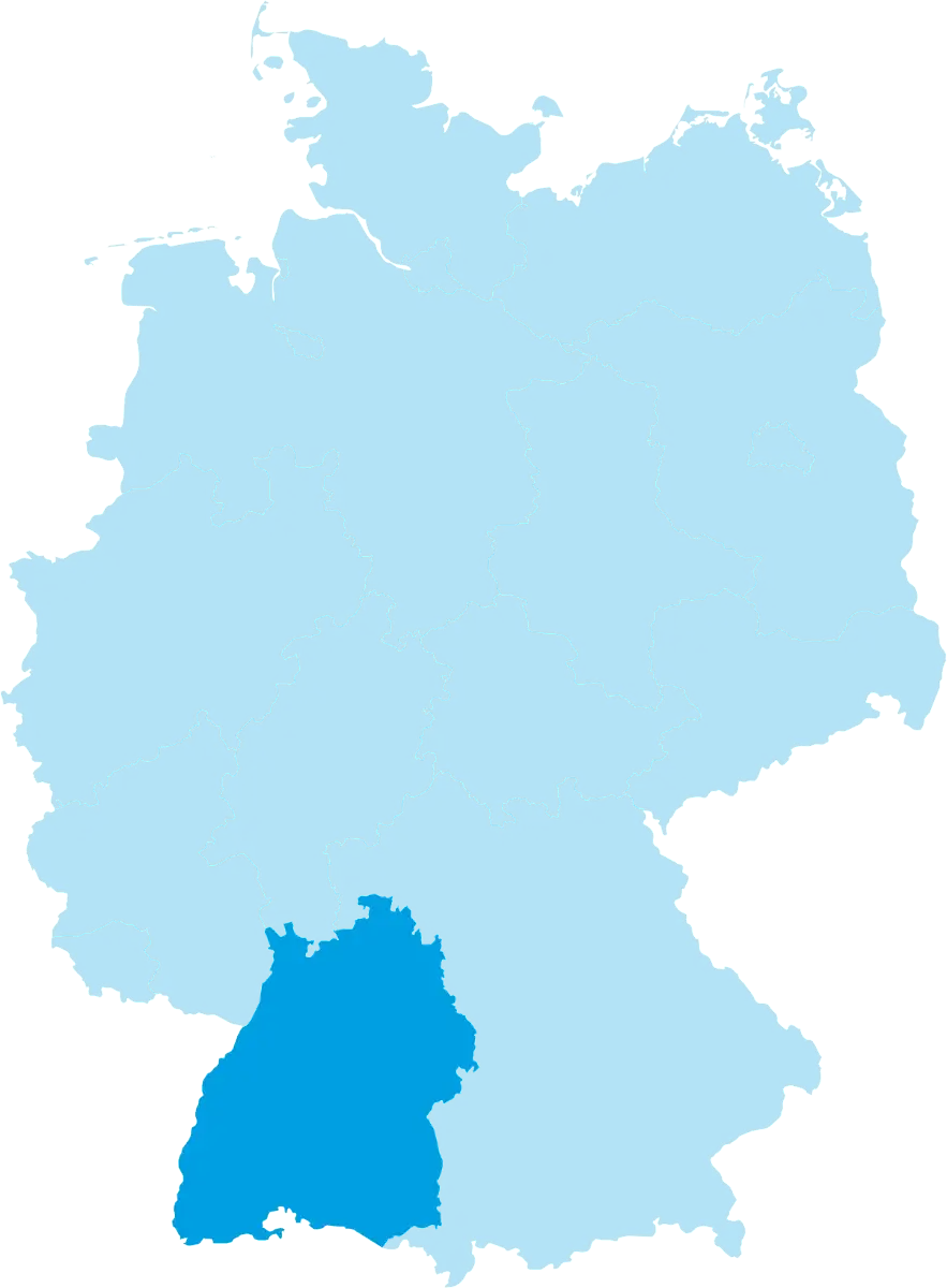 Karte von Deutschland mit dem Bundesland Baden-Württemberg in cyan eingefärbt