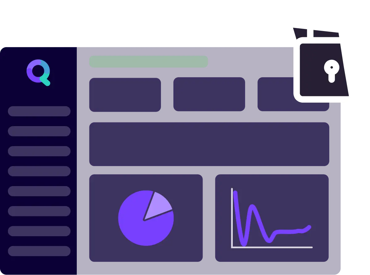 Skizziertes synQup-Dashboard mit Diagrammen und einem Sicherheitsschloss