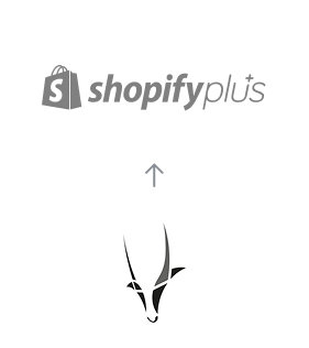 Migration von Spryker zu Shopify Plus, dargestellt mit einem Pfeil vom Spryker Logo zum Shopify Plus Logo