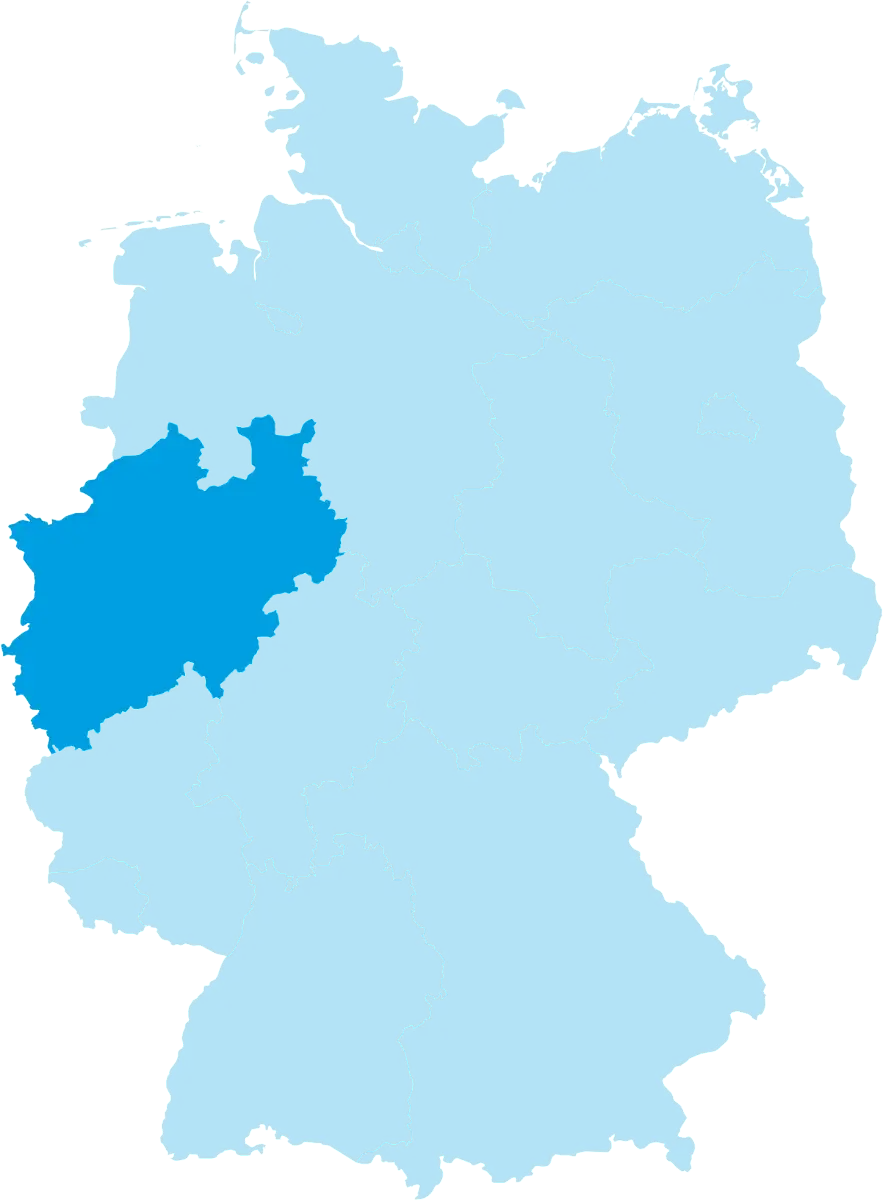 Karte von Deutschland mit dem Bundesland Nordrhein-Westfalen in cyan eingefärbt