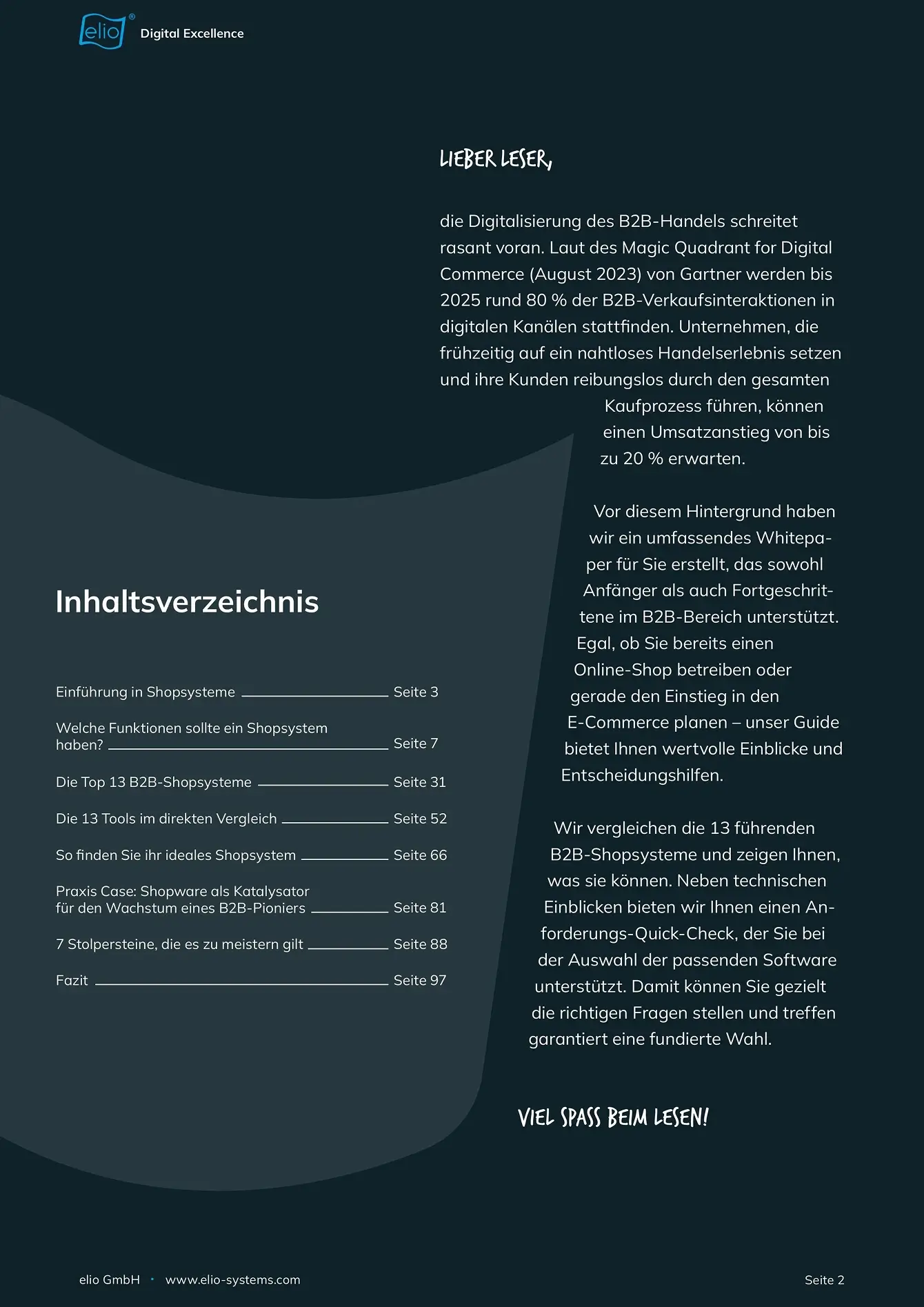 Seite aus dem elio-Whitepaper ‚Der B2B-Shopsystem-Guide' mit Inhaltsverzeichnis und Einleitung.