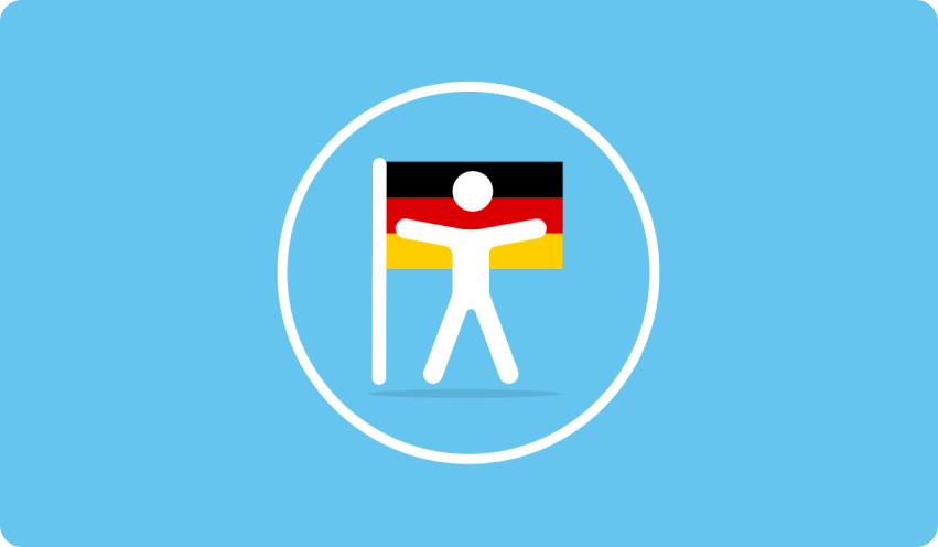 Weiße Strichfigur mit deutscher Flagge (schwarz-rot-gold) in einem weißen Kreis auf hellblauem Hintergrund, symbolisierend für Barrierefreiheit.