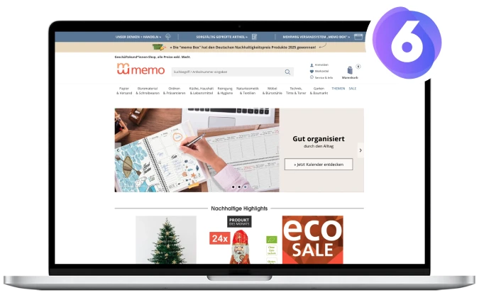 Shop Migration Icon: Mockup des cube Online-Shops in einem Laptop mit Shopware 6 Logo 