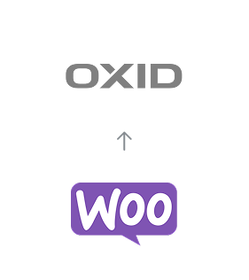 Migration von WooCommerce zu OXID eShop, dargestellt durch einen Pfeil vom WooCommerce-Logo zum OXID eShop-Logo
