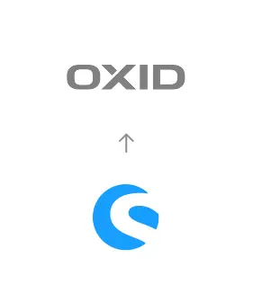 Migration von Shopware zu OXID eShop, dargestellt durch einen Pfeil vom Shopware-Logo zum OXID eShop-Logo