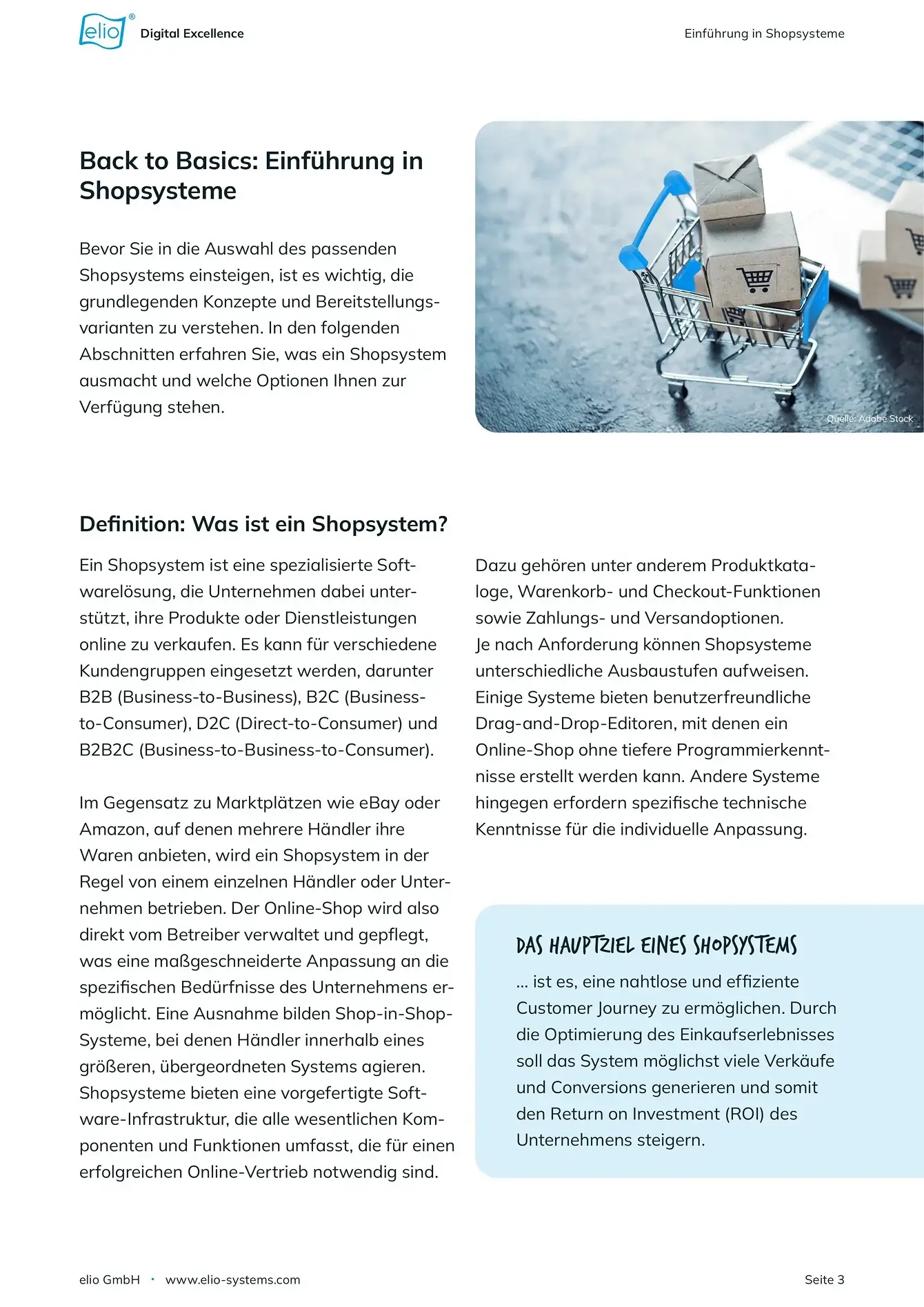 Seite aus dem elio-Whitepaper ‚Der B2B-Shopsystem-Guide' mit Inhaltsverzeichnis und Einleitung.