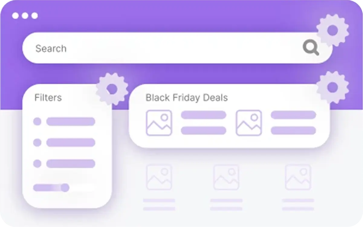 Grafische Darstellung einer Onlineshop-Suche mit Suchleiste, Filteroptionen und hervorgehobenen Black Friday-Angeboten, ergänzt durch Zahnrad-Symbole für Einstellungen.