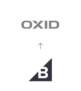 Migration von BigCommerce zu OXID eShop, dargestellt durch einen Pfeil vom BigCommerce-Logo zum OXID eShop-Logo