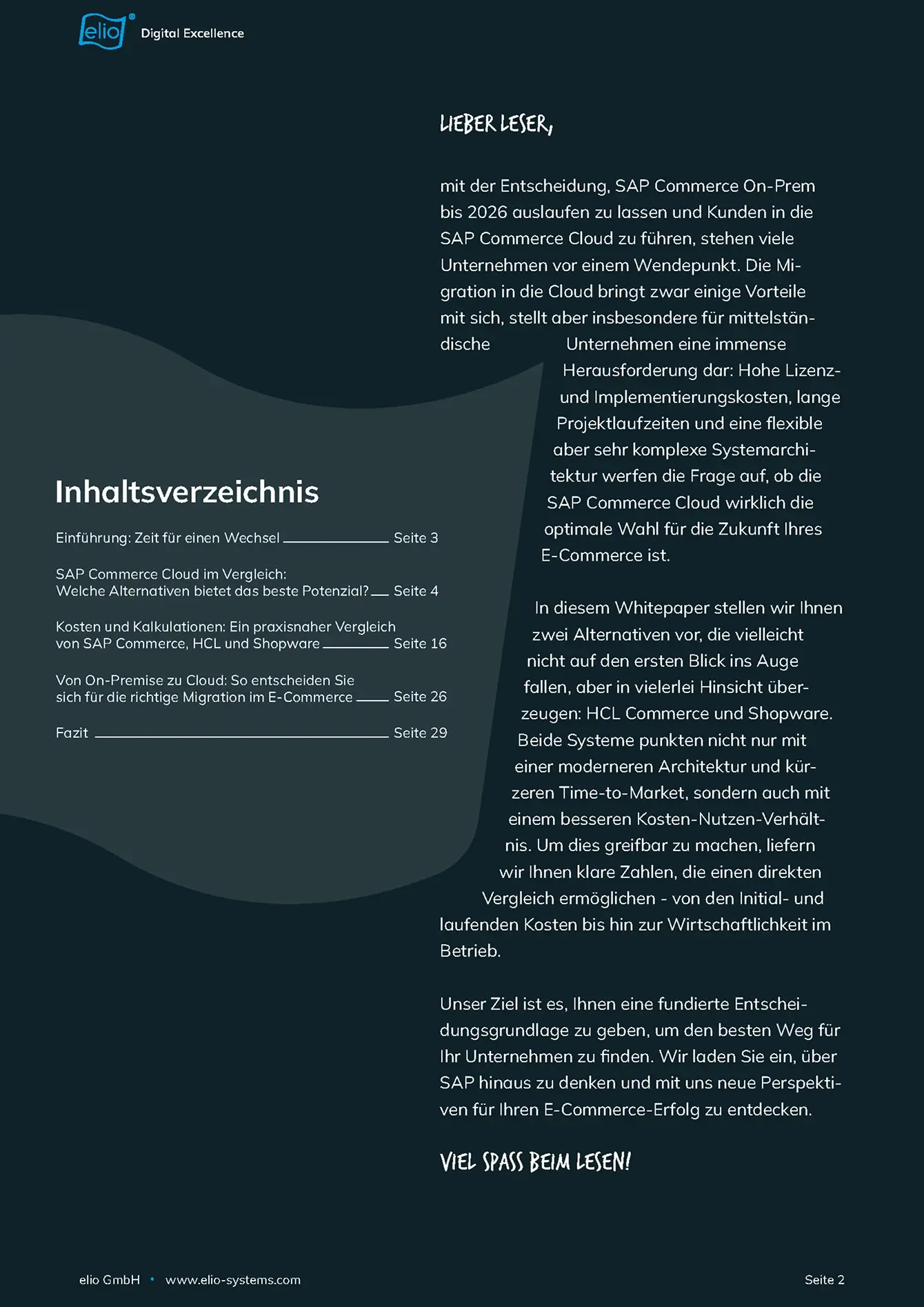 Seite aus dem elio-Whitepaper ‚SAP Commerce vor dem Aus‘ mit Inhaltsverzeichnis und Einleitung.