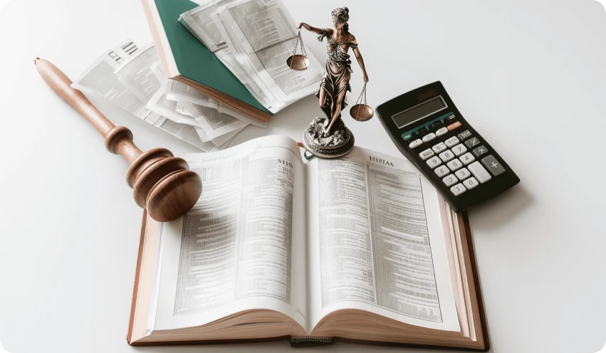 Offenes Gesetzbuch mit Richterhammer, Justitia-Statue und Taschenrechner – Symbolbild für E-Rechnungspflicht