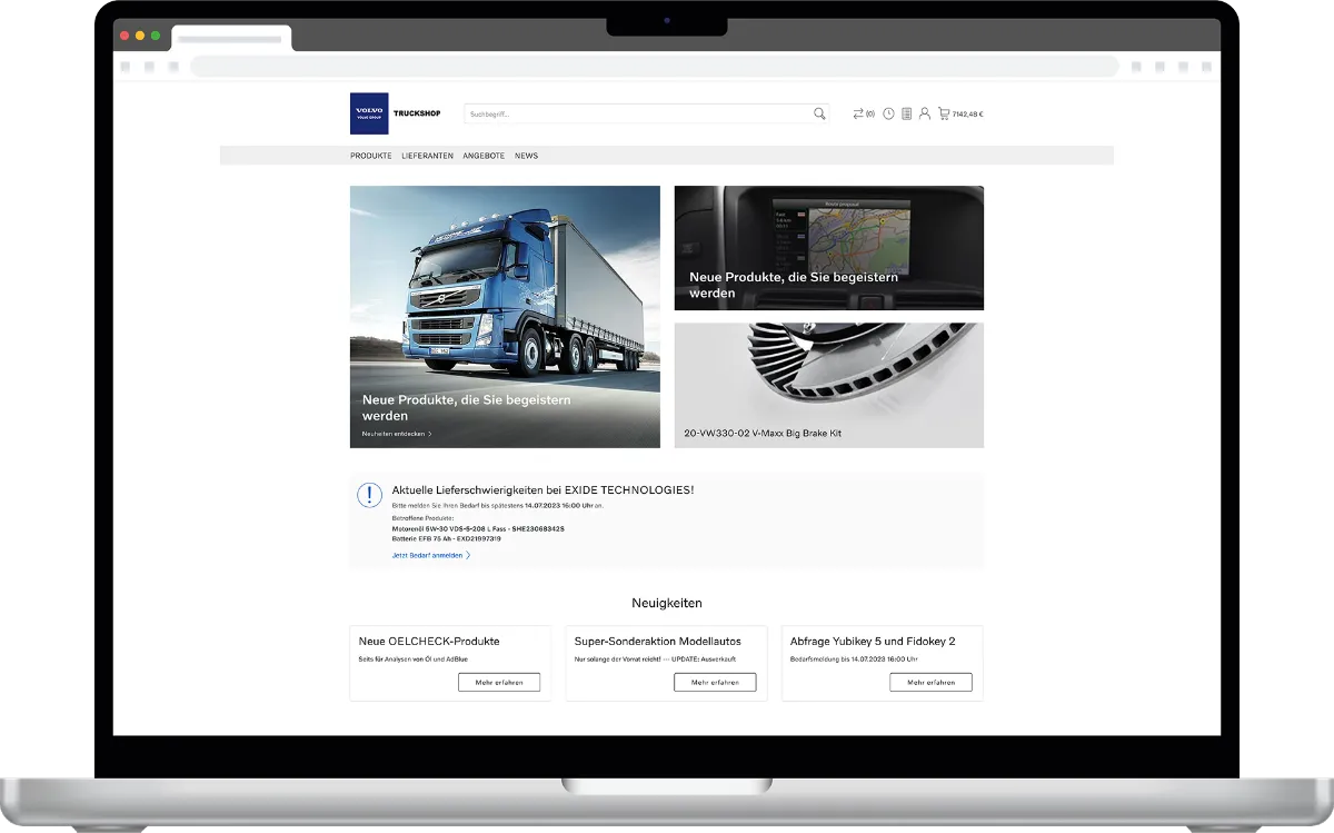 Mockup des Volvo Truck Online-Shops in einem Laptop