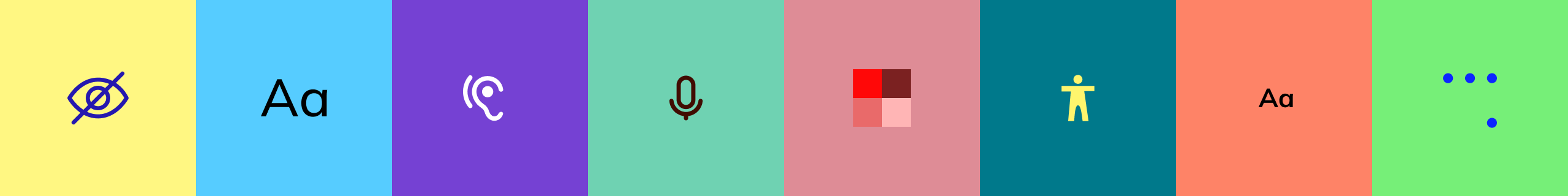 Farbiges Symbolbanner mit Icons für Barrierefreiheit, darunter Seh-, Schrift-, Hör-, Sprach- und Mobilitätshilfen sowie weitere Optionen.