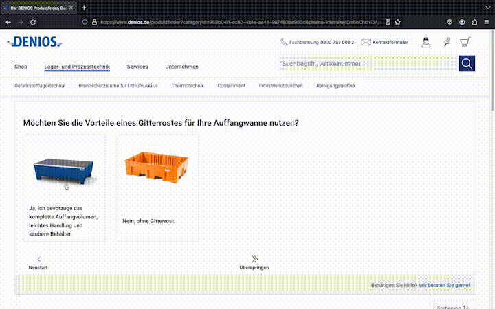 GIF zeigt den Einsatz der Phaina-Produktkonfiguration im DENIOS-Onlineshop. Nutzer wählen visuell, ob eine Auffangwanne mit oder ohne Gitterrost bevorzugt wird, inklusive Produktabbildungen und erklärendem Text.
