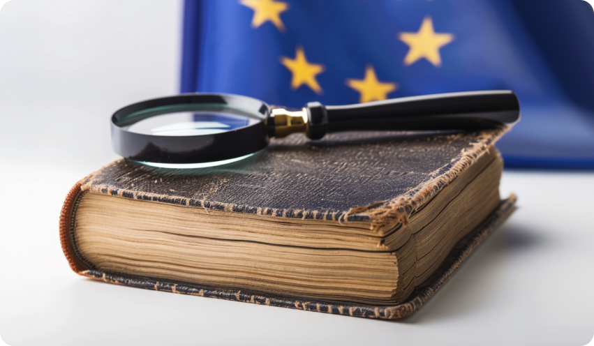 Symbolbild für Produktsicherheitsverordnung: Altes Buch mit Lupe darauf und EU-Flagge im Hintergrund