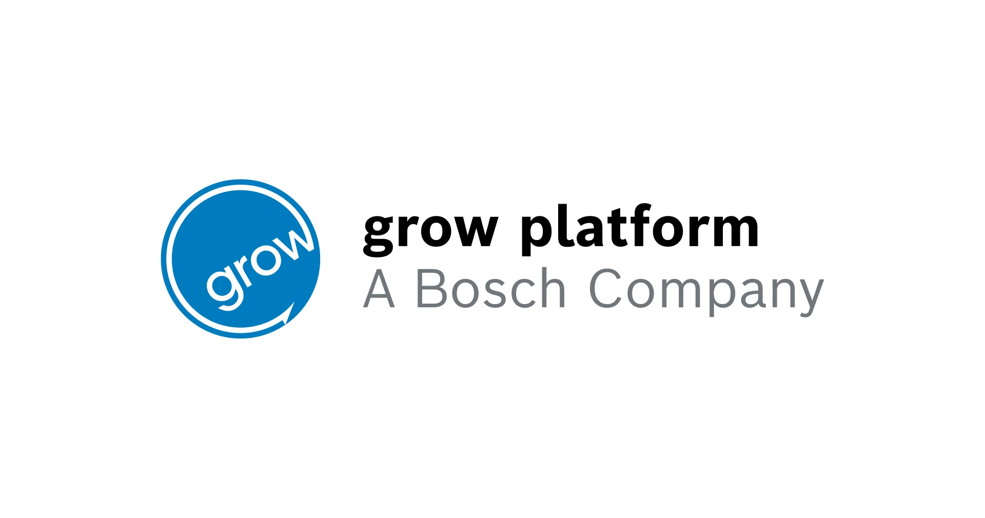 Logo von grow – A Bosch Company, mit blauem Kreis und weißem Schriftzug ‚grow‘ in einem geschwungenen Pfeil, daneben der graue Text ‚A Bosch Company‘.