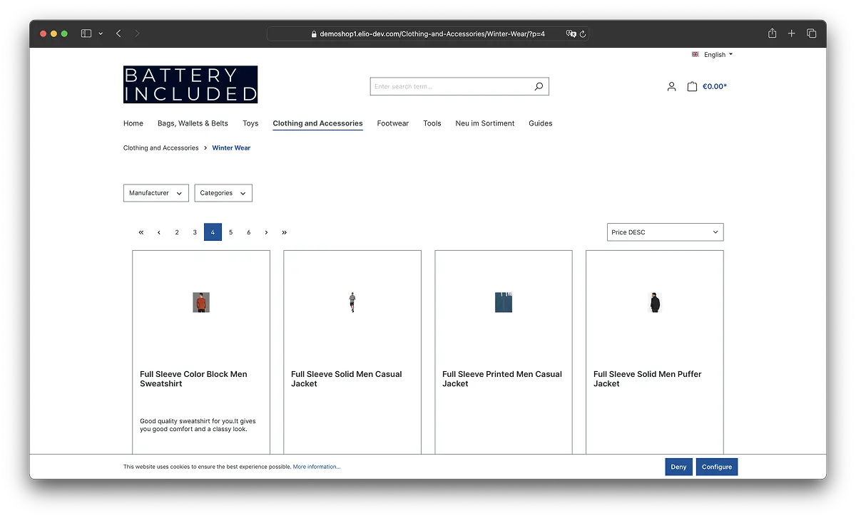Zu sehen ist ein BatteryIncluded-Demoshop, bei dem die Kategorie „Clothing and Accessories“ mit der Unterkategorie „Winter Wear“ ausgewählt wurde.