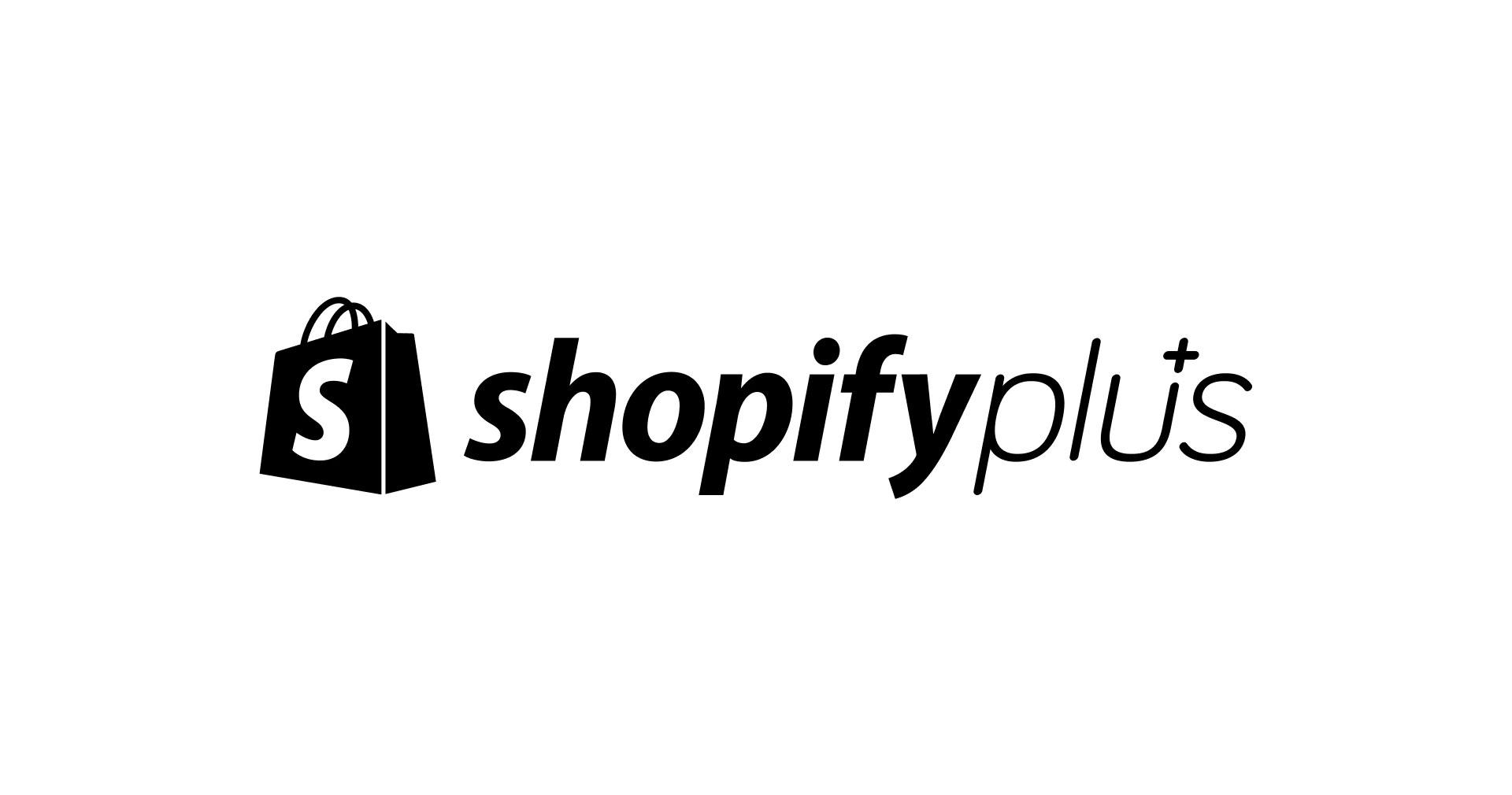 Shopify Plus Logo: Schwarzer Schriftzug ‚shopify plus‘ mit stilisiertem Einkaufstüten-Symbol links, in dem ein weißes ‚S‘ steht. Die Schrift ist modern und leicht geneigt, das Wort ‚plus‘ in kursiver Schreibweise.
