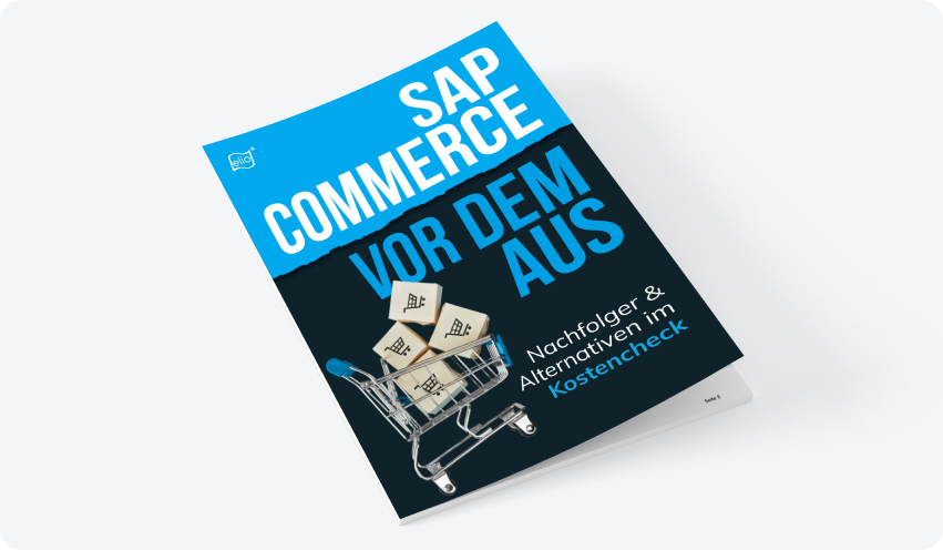 Mockup des elio Whitepapers „SAP Commerce vor dem Aus"